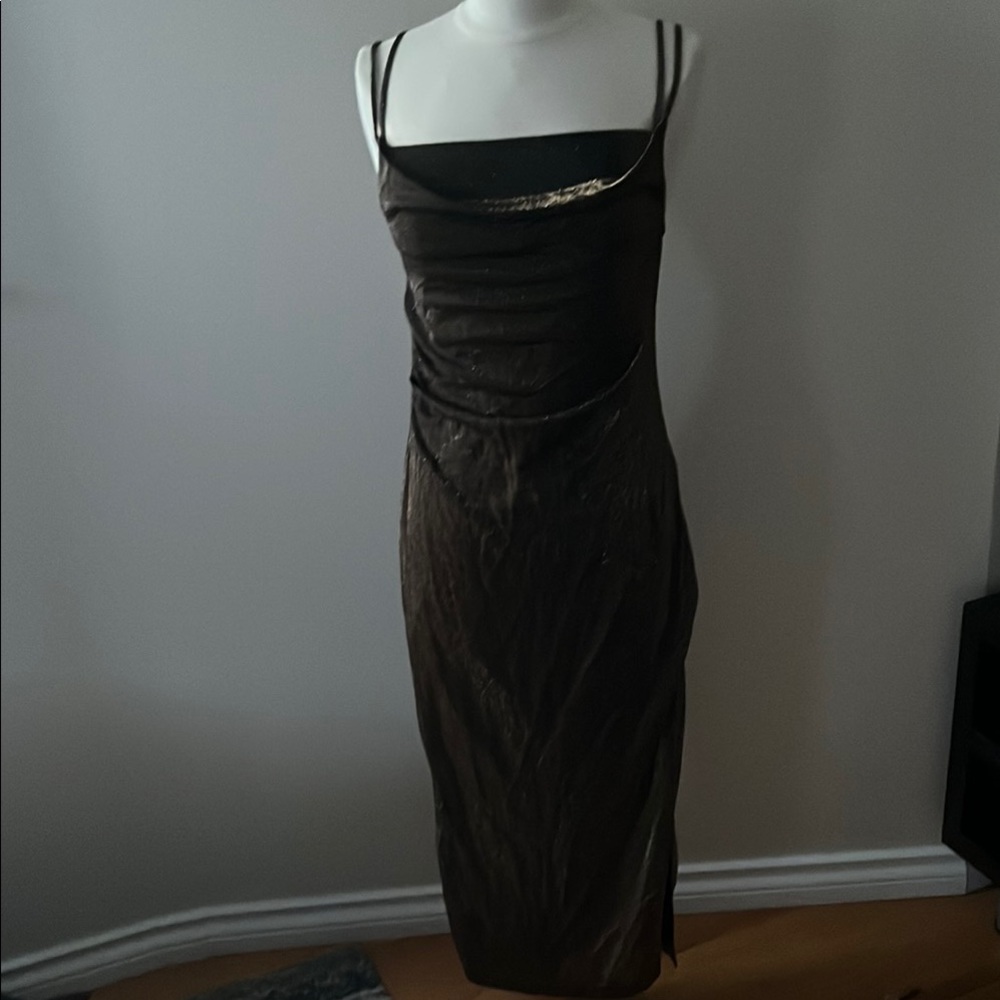 Black Gold Ruched Sheath Midi Dress Spaghetti Strap